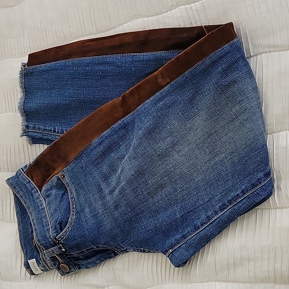 ECRU straight stretch jean with brown suede piping down legs - Picture 1 of 4